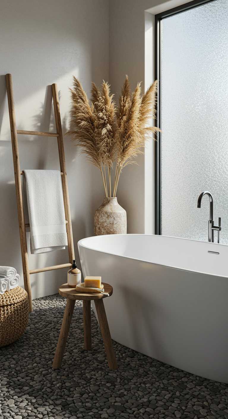 Modernes Boho-Badezimmer mit freistehender Wanne, Holzleiter, Pampasgras und Kieselsteinboden.