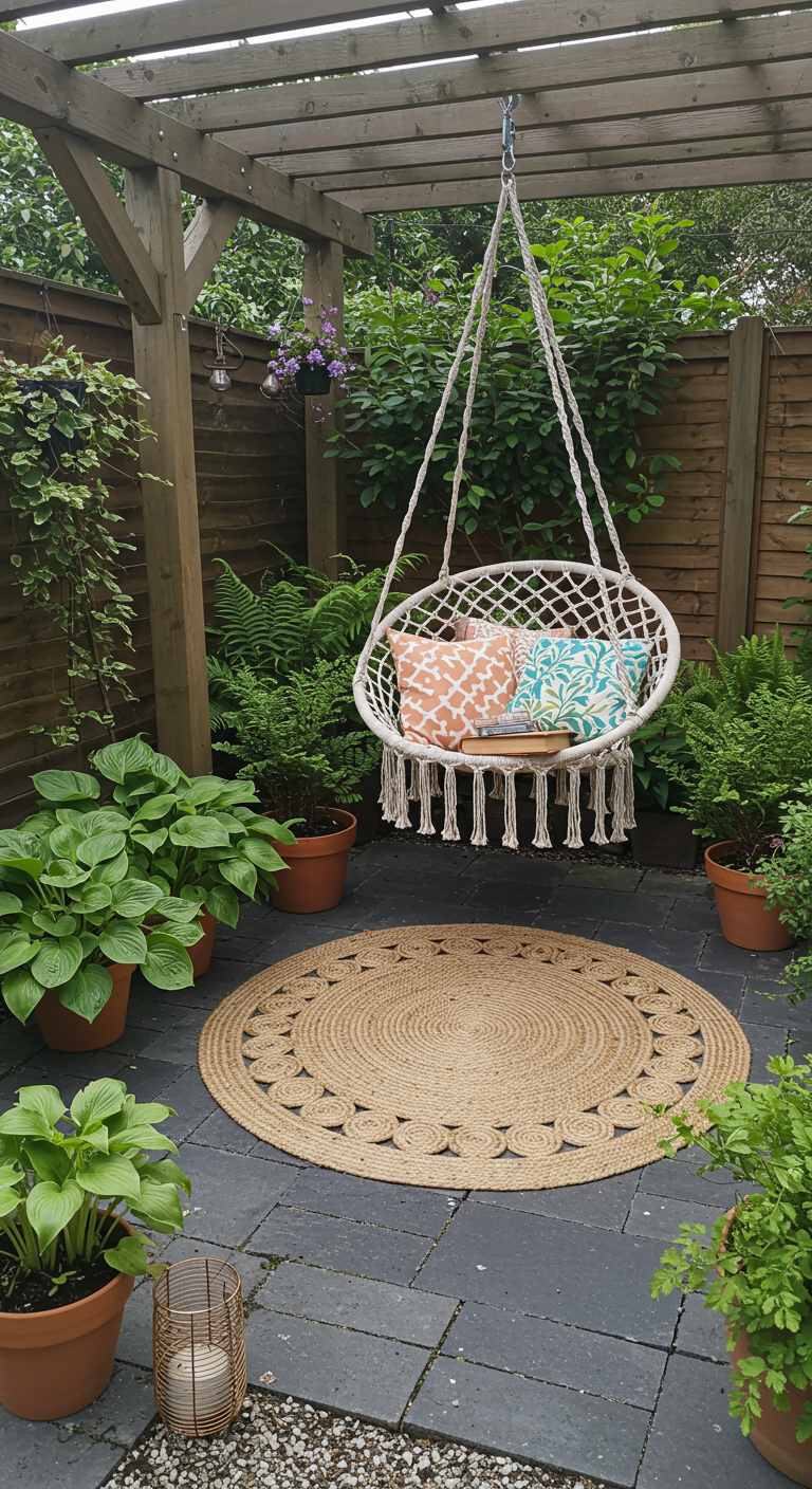 Makramee-Hängesessel mit bunten Kissen unter einer Pergola, auf Jute-Teppich und umgeben von Pflanzen.