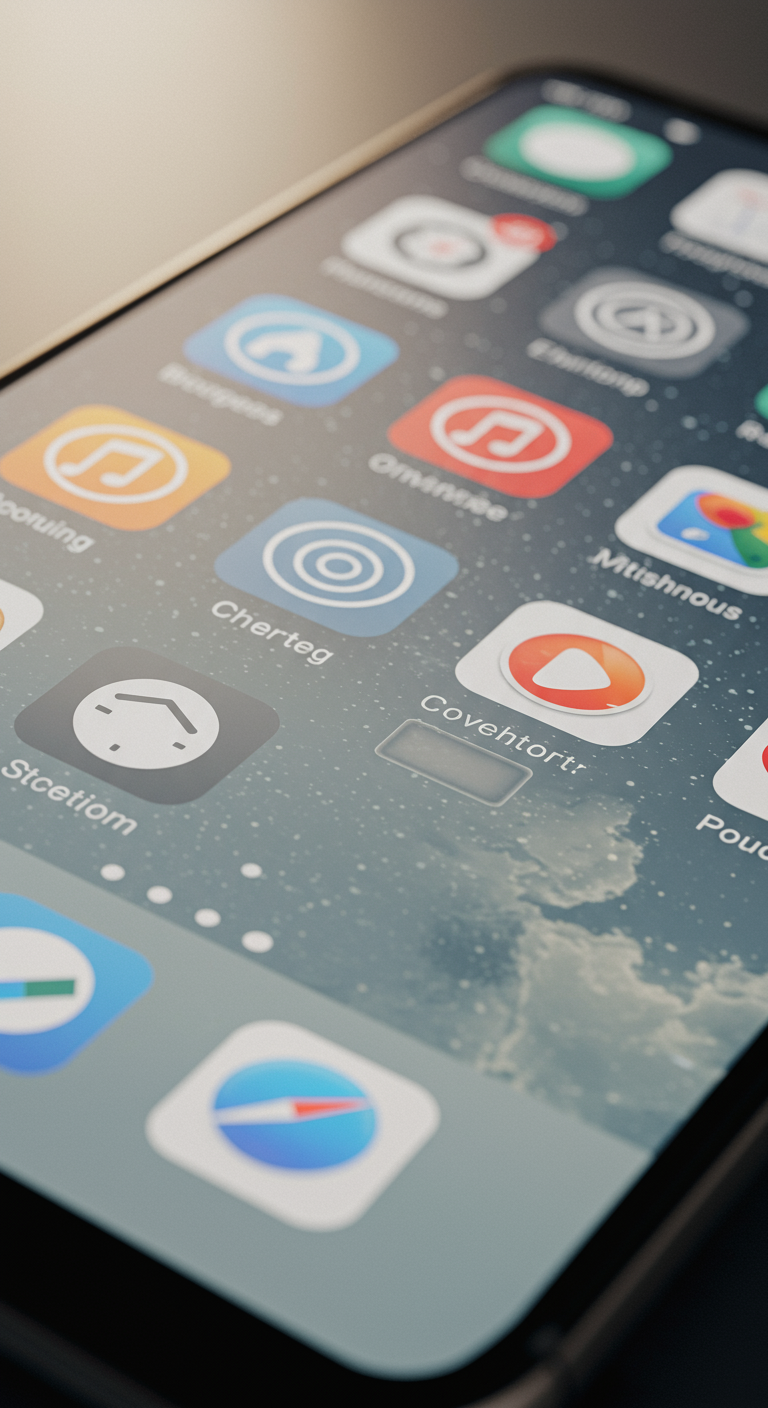 Nahaufnahme eines Smartphone-Bildschirms mit verschiedenen App-Icons.