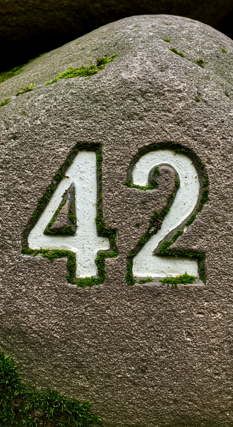 Nahaufnahme eines Findlings, in den die Zahl 42 eingraviert und weiß ausgemalt ist.