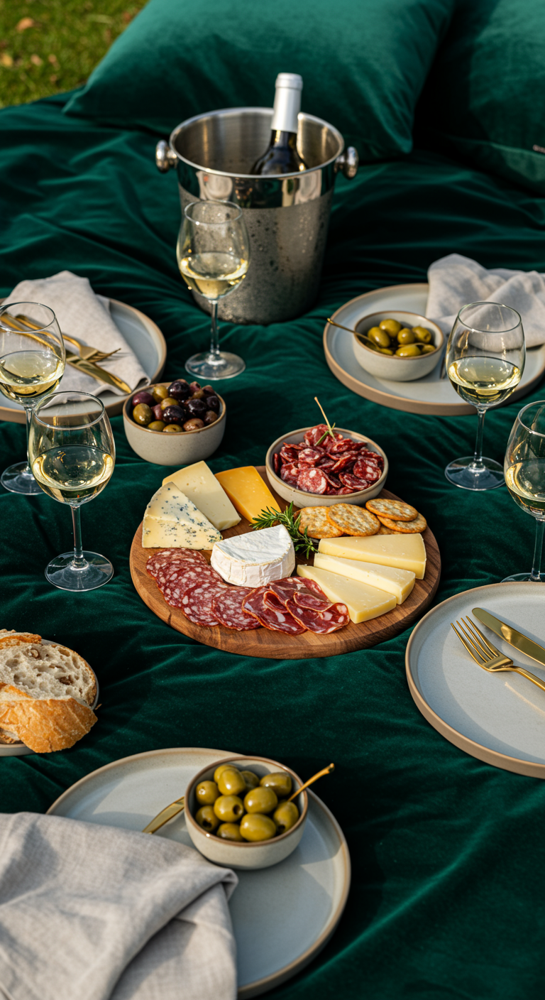 Elegantes Abendpicknick mit Weinkühler, Weingläsern, Käseplatte und Oliven auf dunkler Decke.
