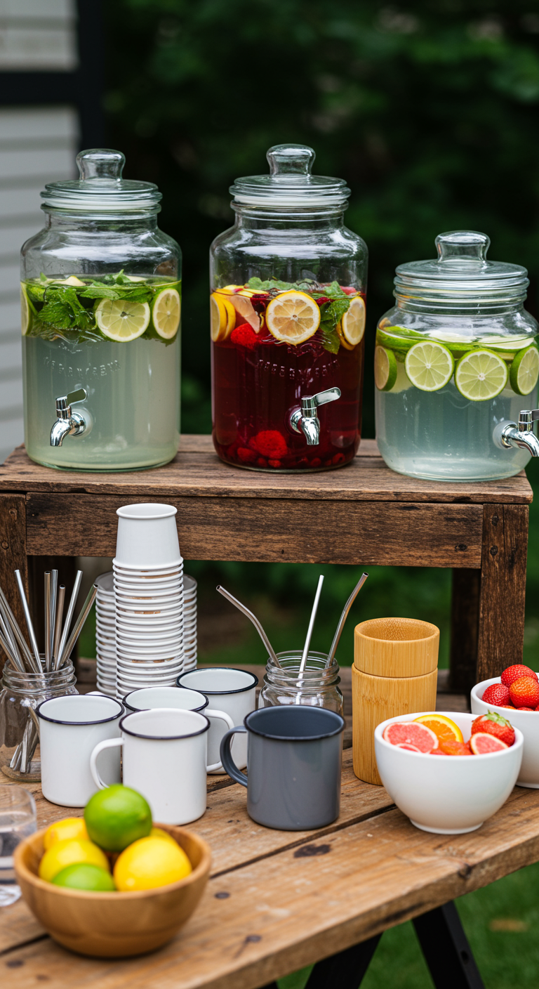 Drei große Glas-Getränkespender mit verschiedenen Limonaden, daneben Emaille-Tassen und frisches Obst auf einem Holztisch.