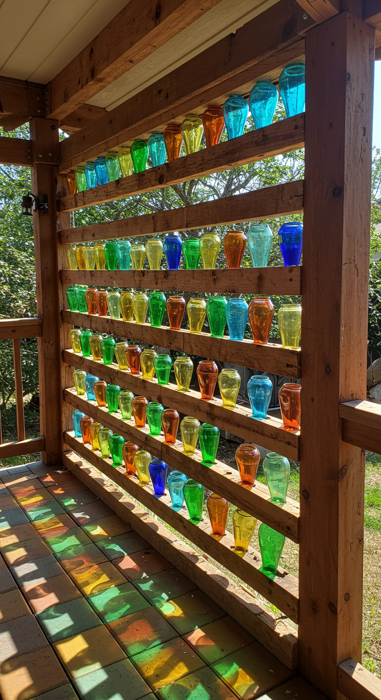 DIY-Sichtschutz aus Holzregalen, gefüllt mit bunten Glasvasen oder Flaschen.