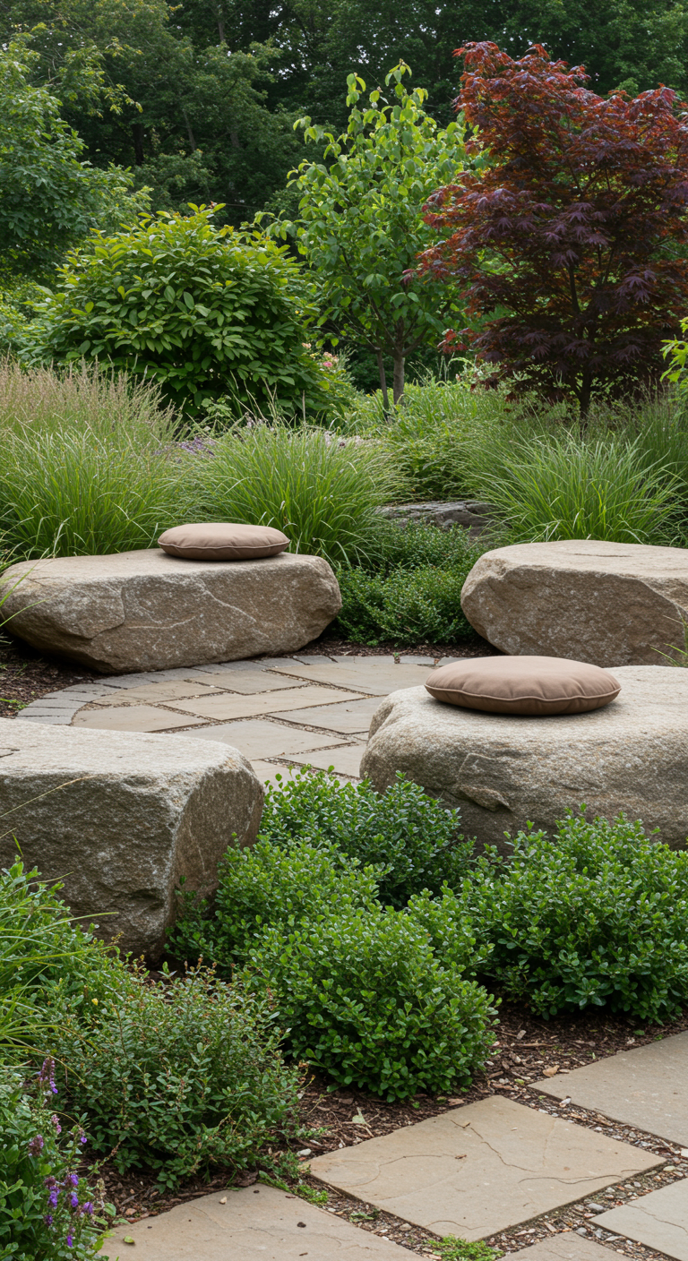 Große Findlinge mit Sitzkissen als Hocker in einem Garten mit Gräsern und Platten.