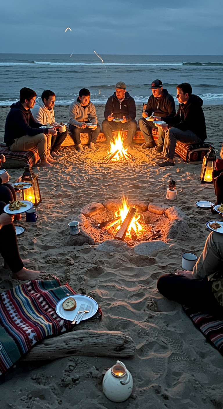 Gruppe von Freunden sitzt um ein Lagerfeuer am Strand und isst zu Abend.