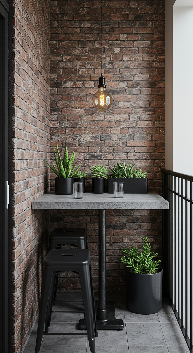 Hoher Bartisch mit Betonoptik und schwarzen Metallhockern vor einer Backsteinwand.