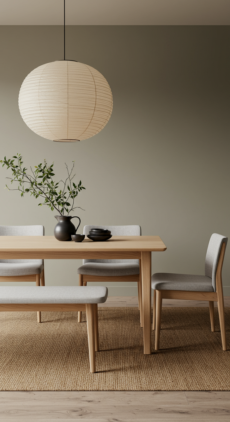 Japandi Esszimmer mit Holztisch, Bank und Papierlampe