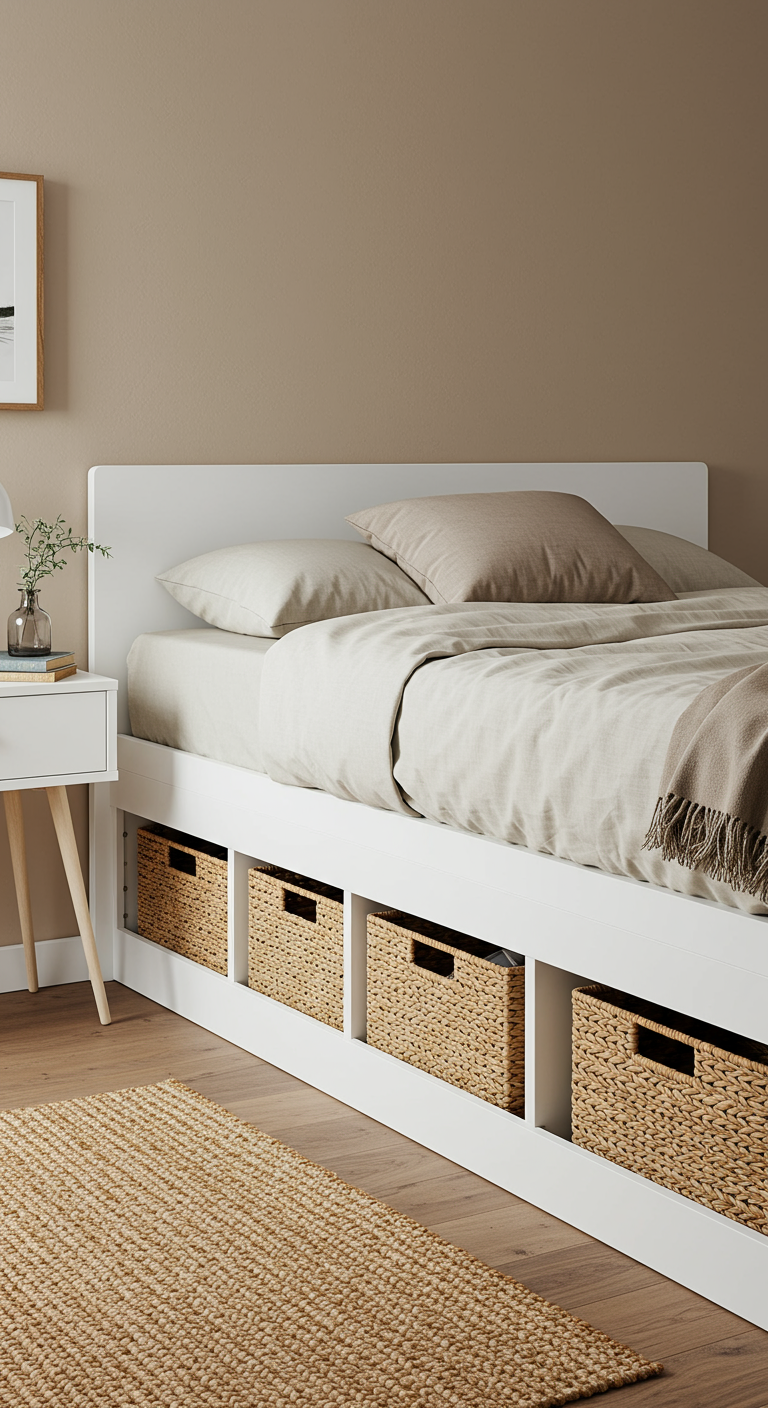 Weißes Bett mit geflochtenen Körben als Stauraum darunter.