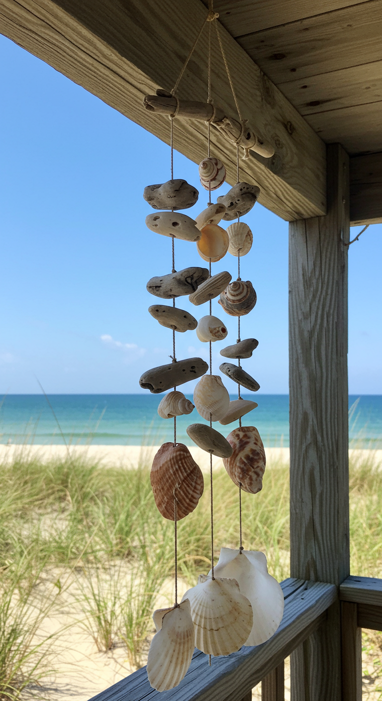 DIY Mobile aus Treibholzstücken und Muscheln hängt draußen.