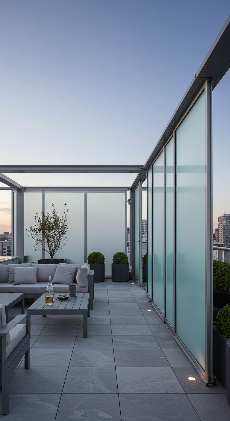 Moderne Terrasse mit verschiebbaren Sichtschutz-Elementen aus Milchglas.
