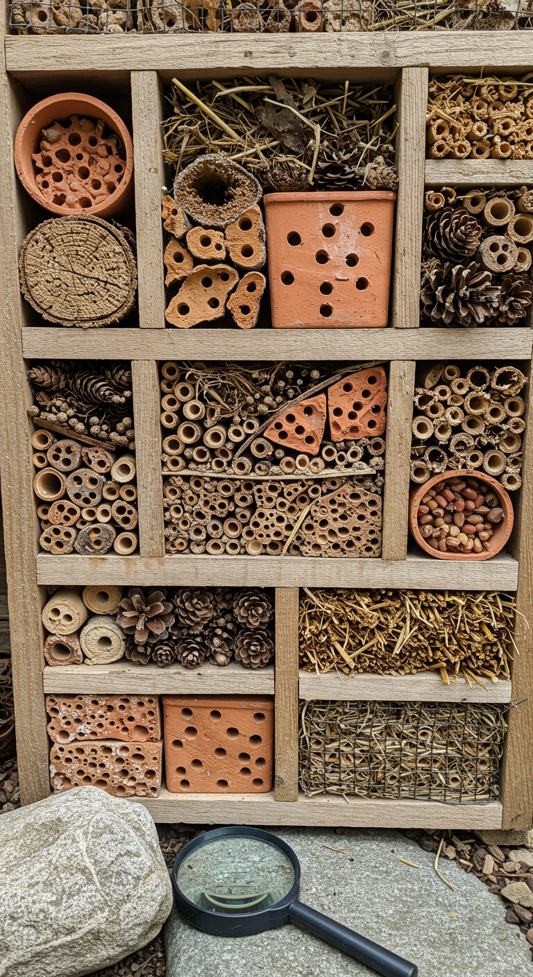Nahaufnahme eines Insektenhotels mit verschiedenen Fächern und Materialien, davor eine Lupe.