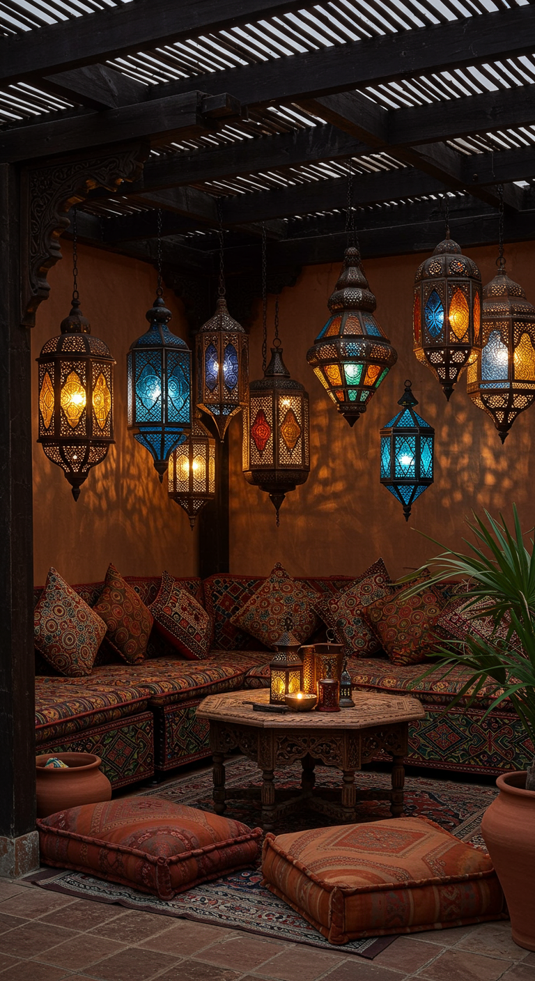 Verschiedene bunte, orientalische Metall-Laternen hängen von der Decke über einer Sitzecke.