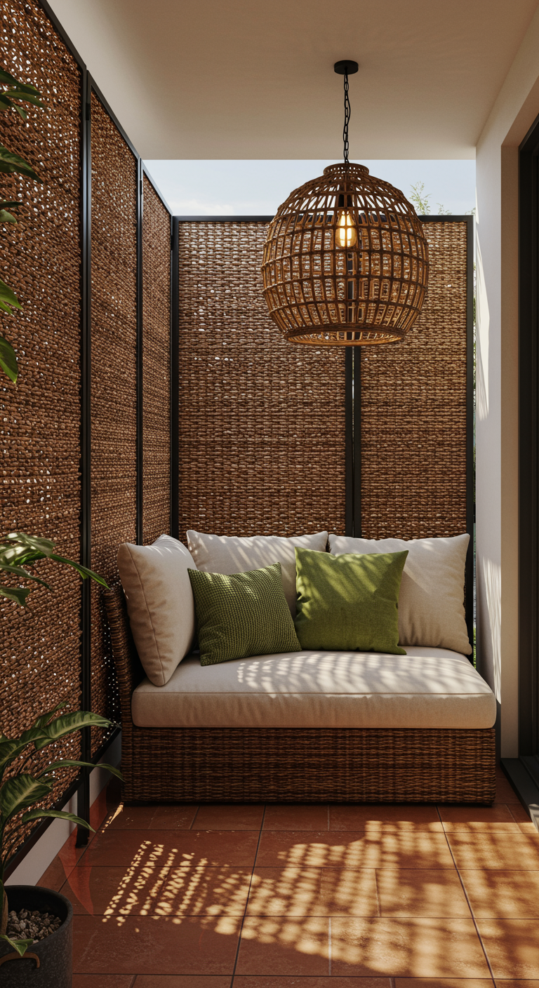 Paravent aus dunklem Weidengeflecht neben einem Sofa auf einem Balkon