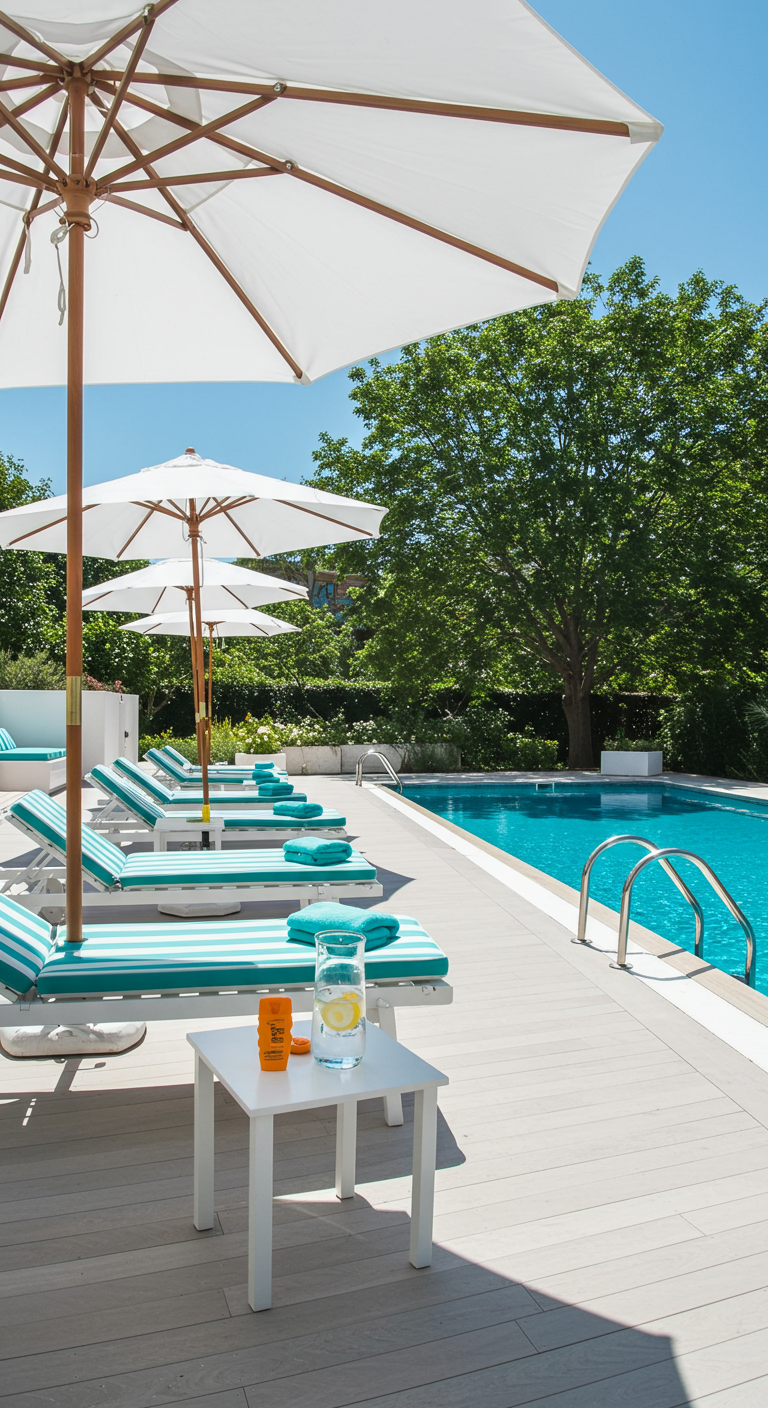 Poolbereich mit modernen Sonnenliegen mit türkisen Auflagen und weißen Sonnenschirmen.