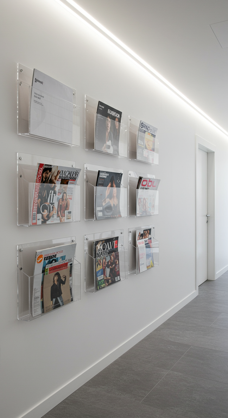 Mehrere transparente Acryl-Zeitschriftenhalter an einer weißen Wand montiert.