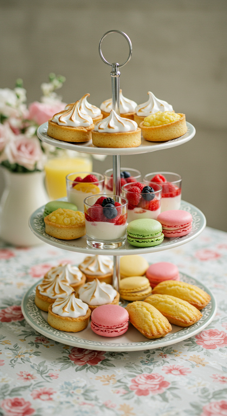 Etagere mit bunten Macarons, Mini-Törtchen und Panna Cotta im Glas.