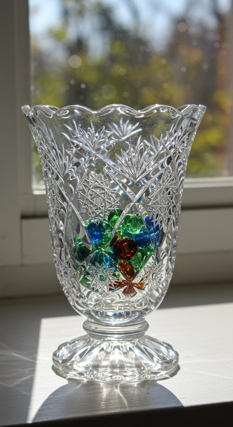 Kristallvase auf einer Fensterbank, gefüllt mit bunten Glassteinen, von Sonnenlicht beschienen.