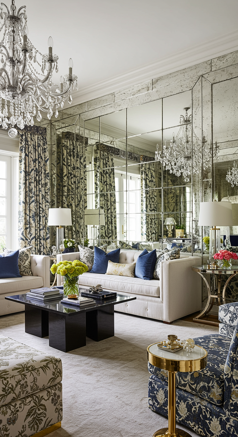 Elegantes Wohnzimmer mit Spiegelwand