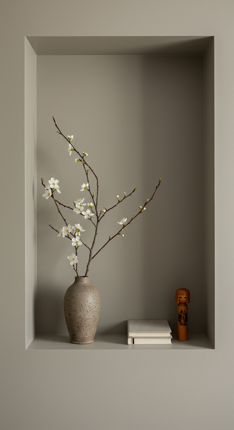 Wandnische in Wandfarbe mit Vase, Zweigen und kleiner Figur.