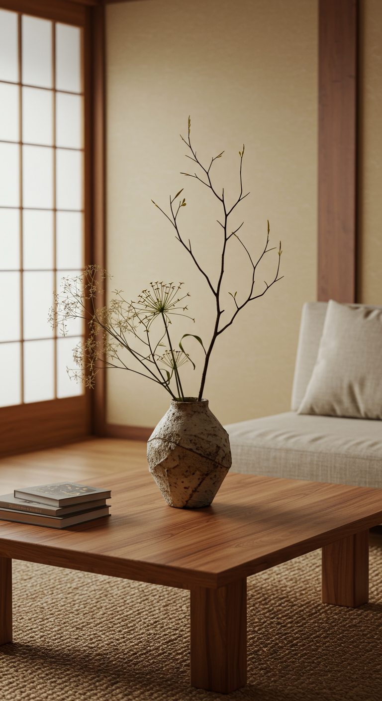 Wenige zarte, getrocknete Zweige in einer unregelmäßigen Keramikvase auf einem Holztisch in einem Japandi-Raum.