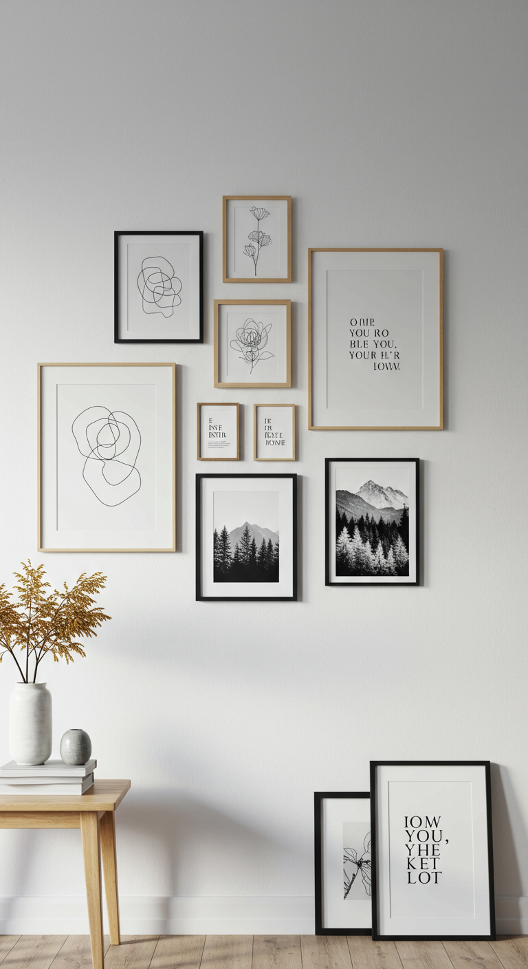 Bilderwand mit verschiedenen Rahmen und schlichten Motiven an weißer Wand.