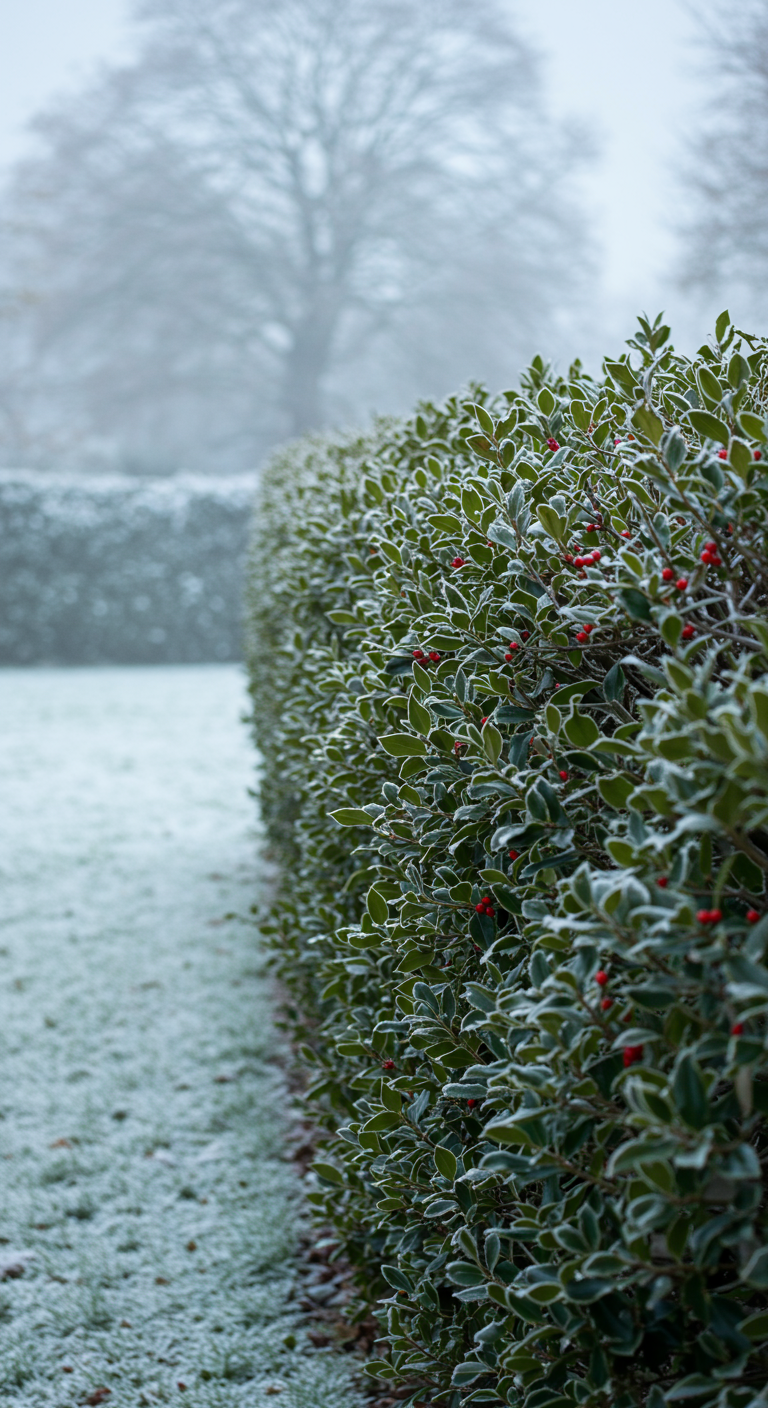 Nahaufnahme einer Stechpalmen-Hecke mit Raureif und roten Beeren im Winter.