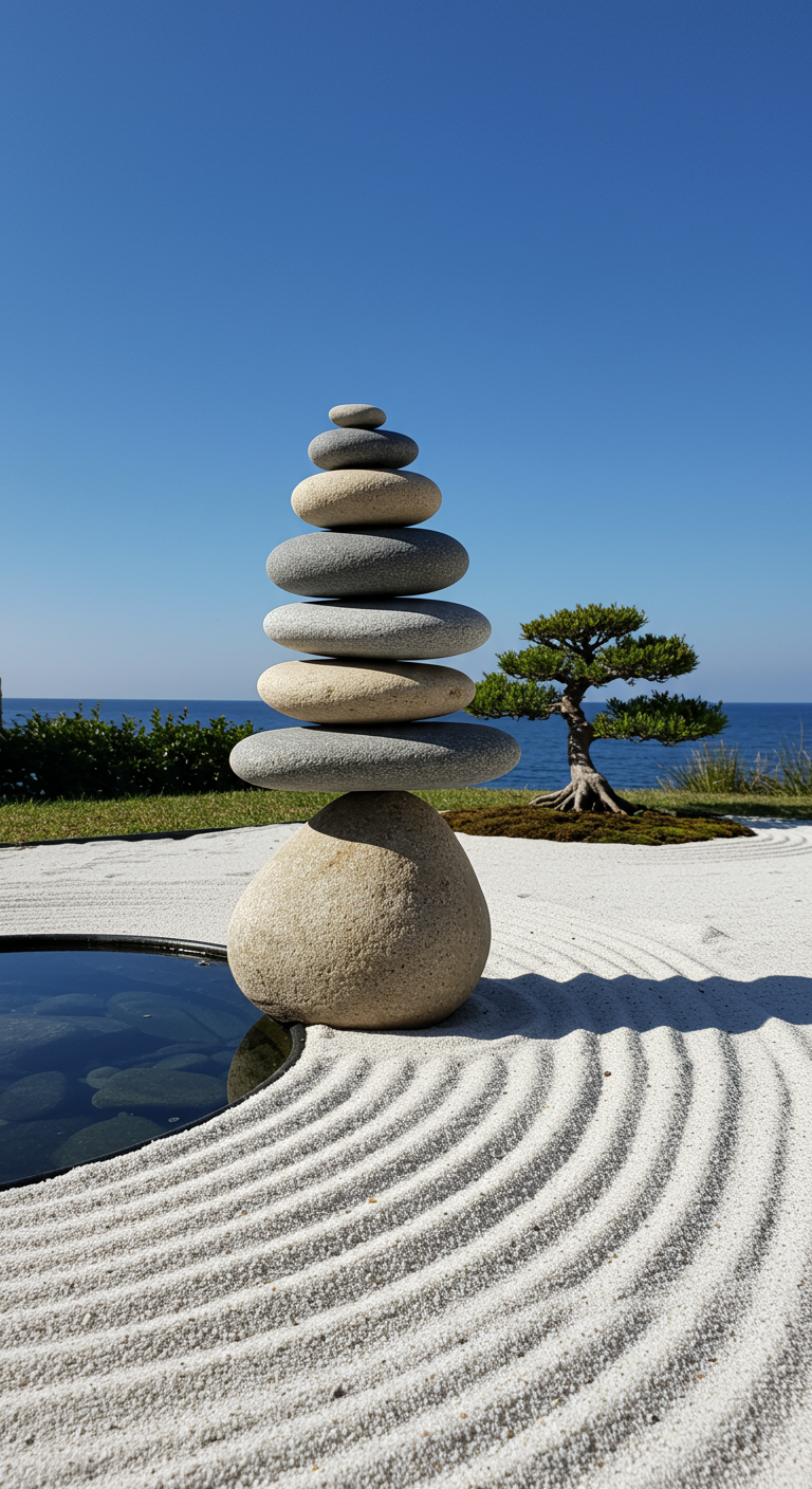 Sorgfältig gestapelte flache Steine bilden einen Turm in einem Zen-Garten