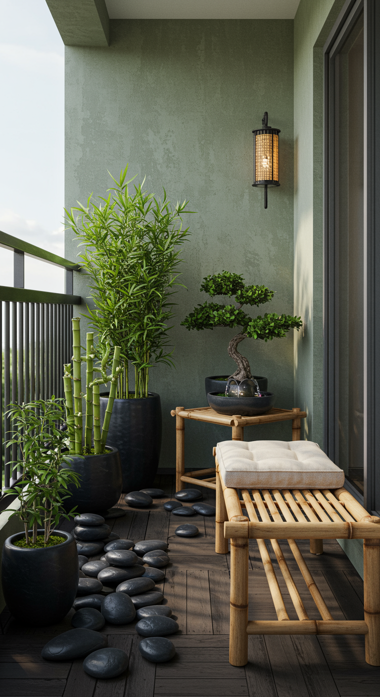 Balkon im Zen-Stil mit Bambusmöbeln, Pflanzen, Kieselsteinen und Laterne.