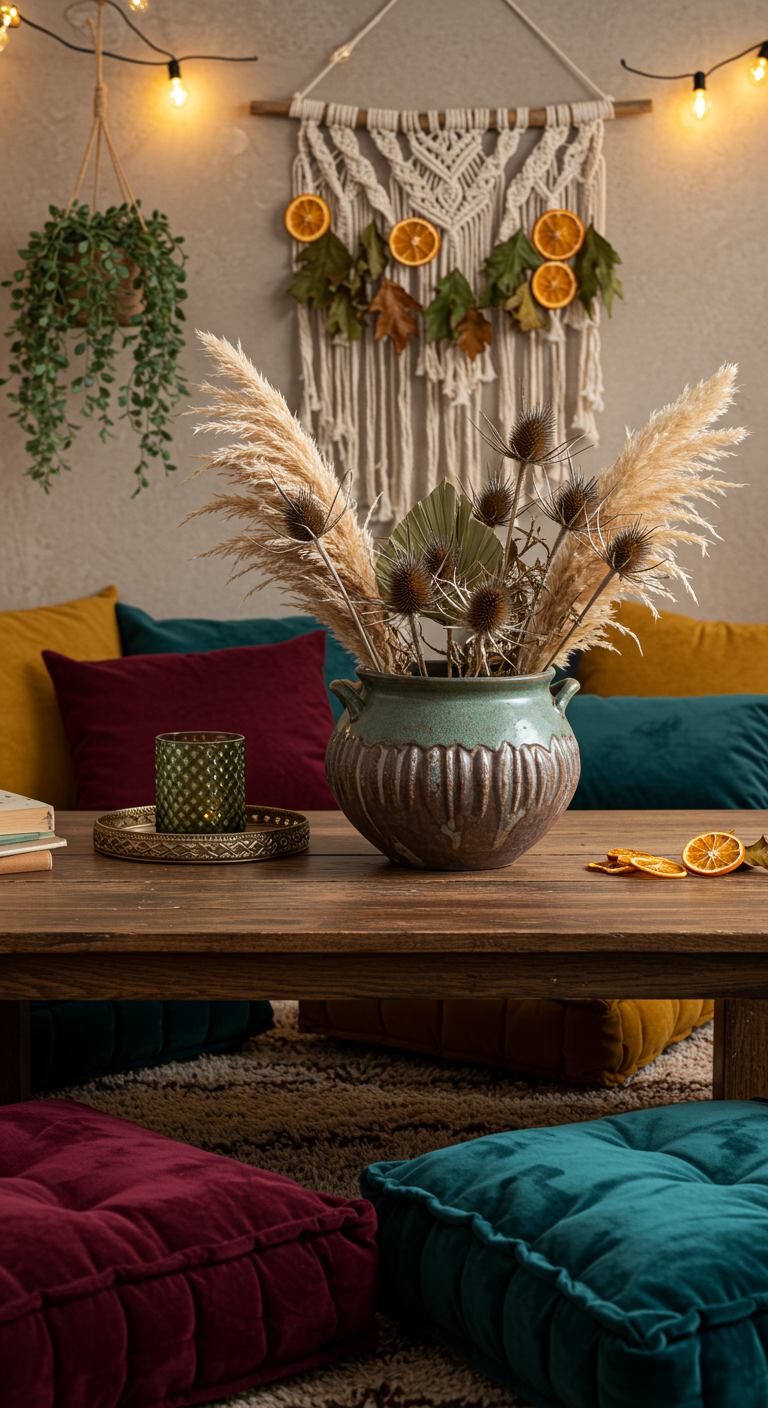 Boho-Wohnzimmer mit Trockenblumenstrauß, Makramee-Wandbehang und vielen bunten Kissen.