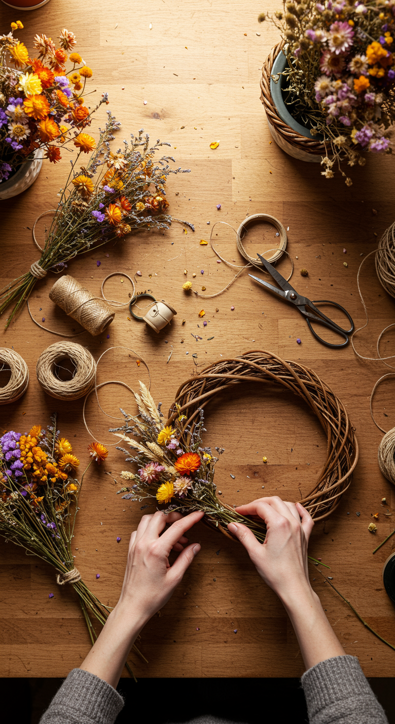Hände binden einen Kranz aus bunten Trockenblumen auf einem Holztisch voller Bastelmaterial.