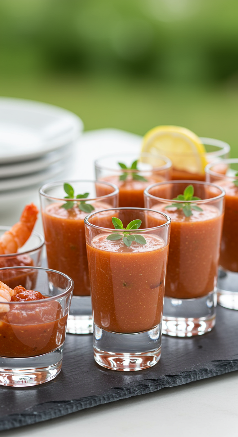 Kleine Gläser mit roter Gazpacho und Basilikumblättchen.