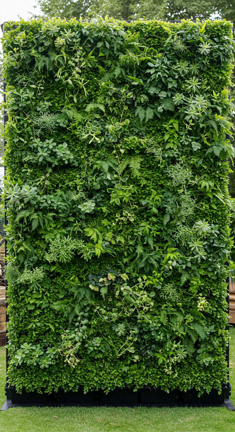 Üppig grüne, vertikale Pflanzenwand voller verschiedener Blattpflanzen steht als Fotohintergrund im Freien.