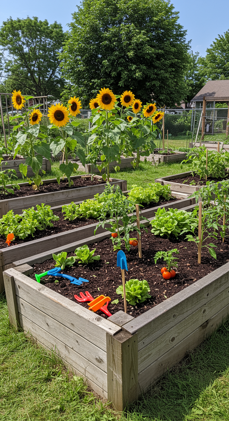 Hölzernes Hochbeet mit Salat, Tomaten und Sonnenblumen, darin kleines Kinder-Gartenwerkzeug.