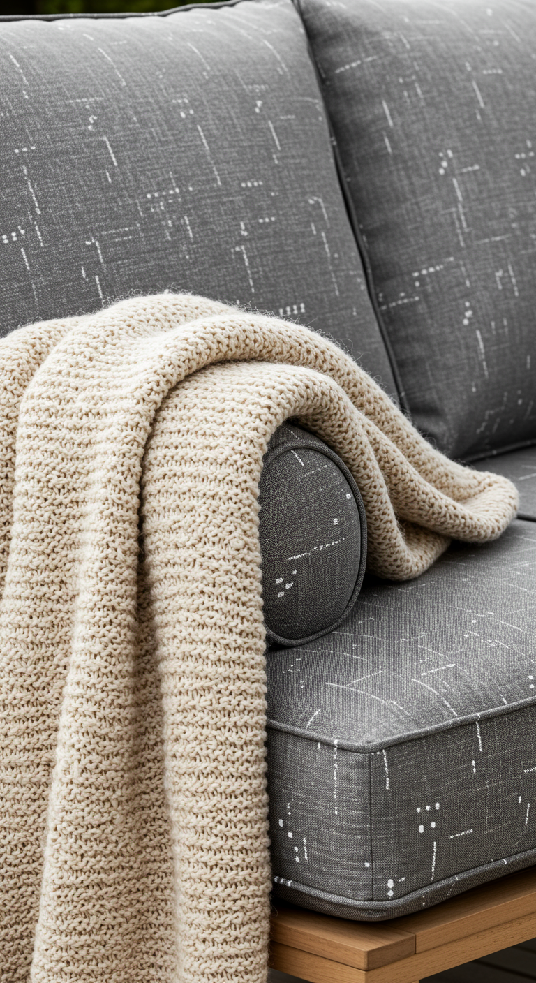 Nahaufnahme einer cremefarbenen Strickdecke auf einem grauen Outdoor-Sofa.