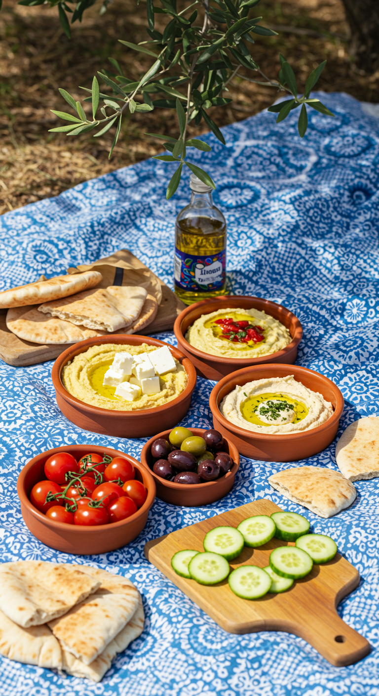 Mediterranes Picknick mit Hummus, Pita, Oliven, Tomaten und Feta auf blau-weißer Decke.