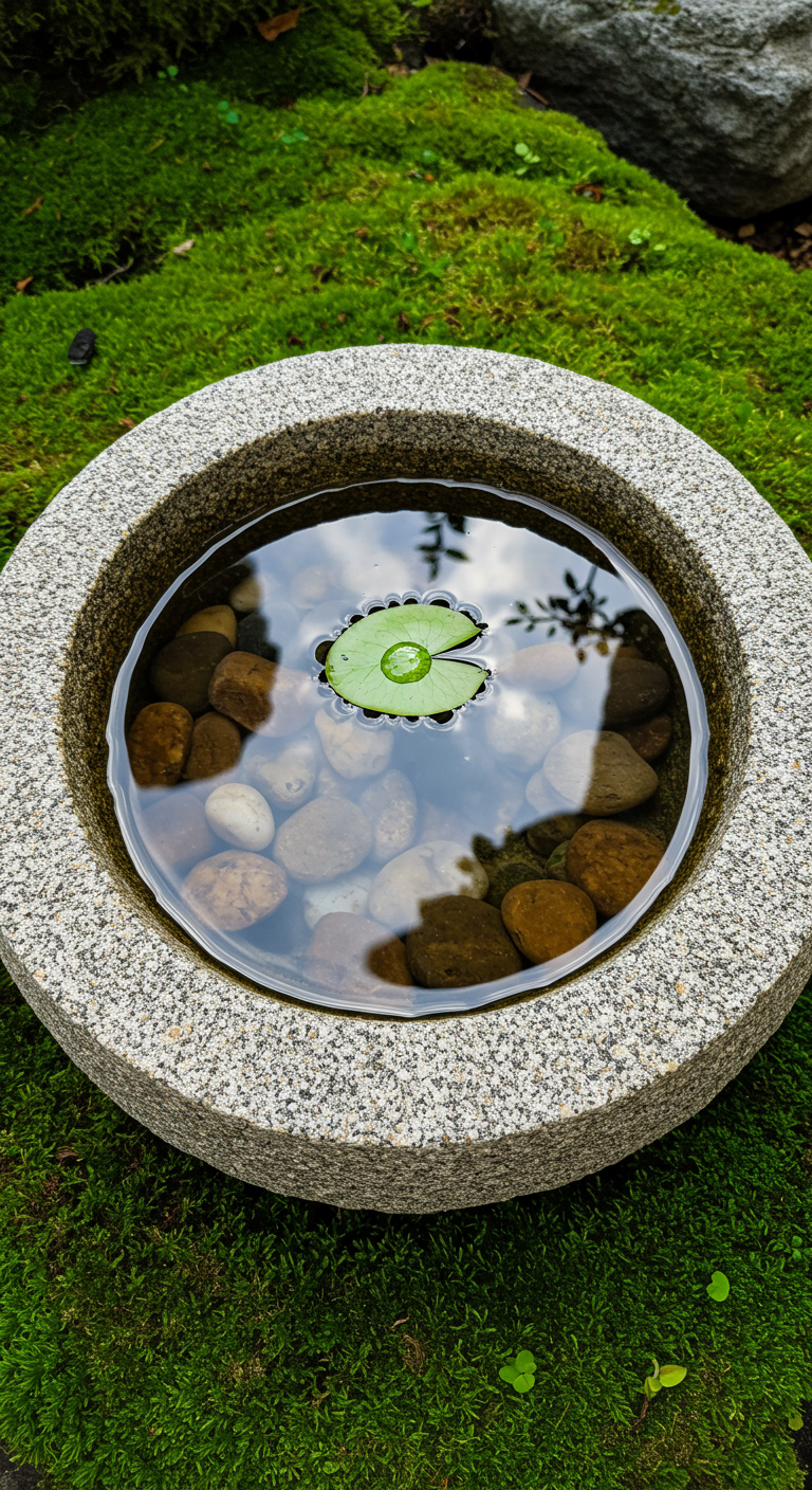 Runde Vogeltränke aus Granit mit Wasser, Kieseln und Seerosenblatt auf Moos.