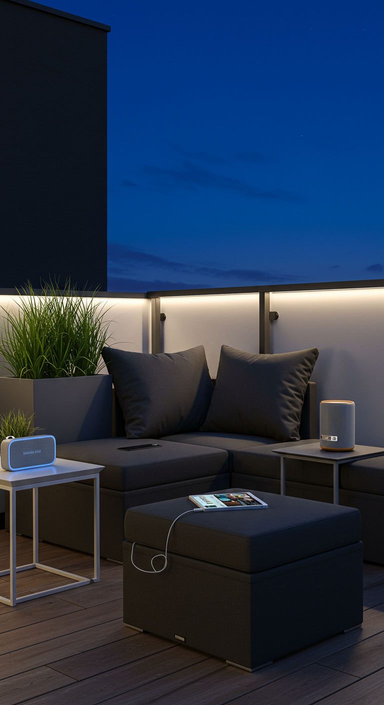 Moderner Balkon bei Nacht mit dunkler Lounge-Garnitur, LED-Lichtleiste und Technik-Gadgets.