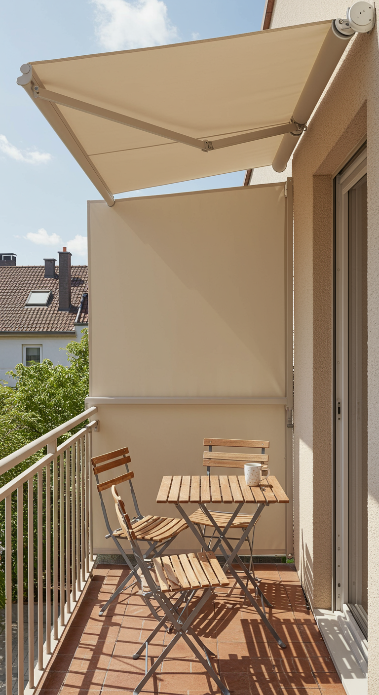 Ausgezogene Seitenmarkise als seitlicher Sichtschutz auf einem Balkon