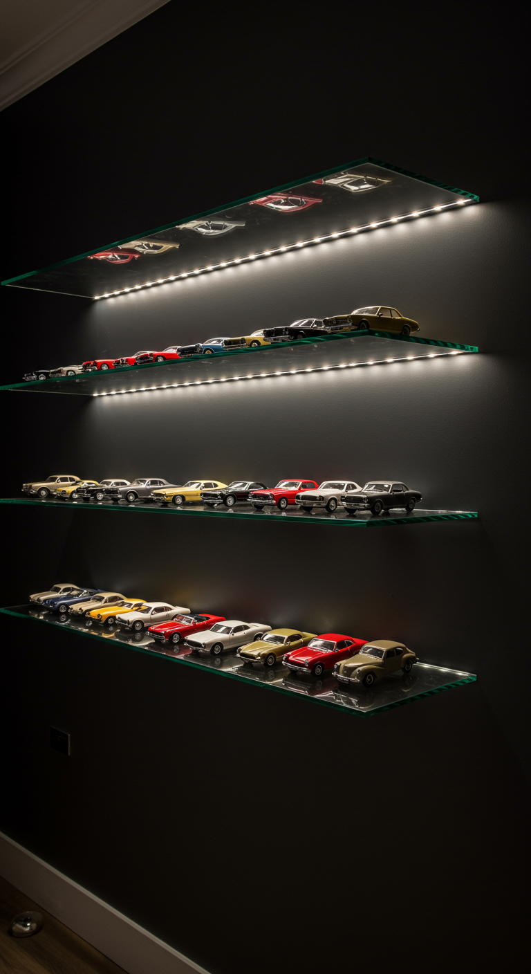 Beleuchtete Glasregale mit Modellautosammlung vor dunkler Wand.
