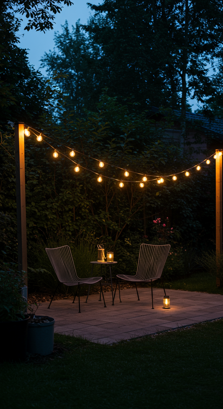 Lichterkette über einer Terrasse mit zwei Stühlen und Tisch bei Dämmerung