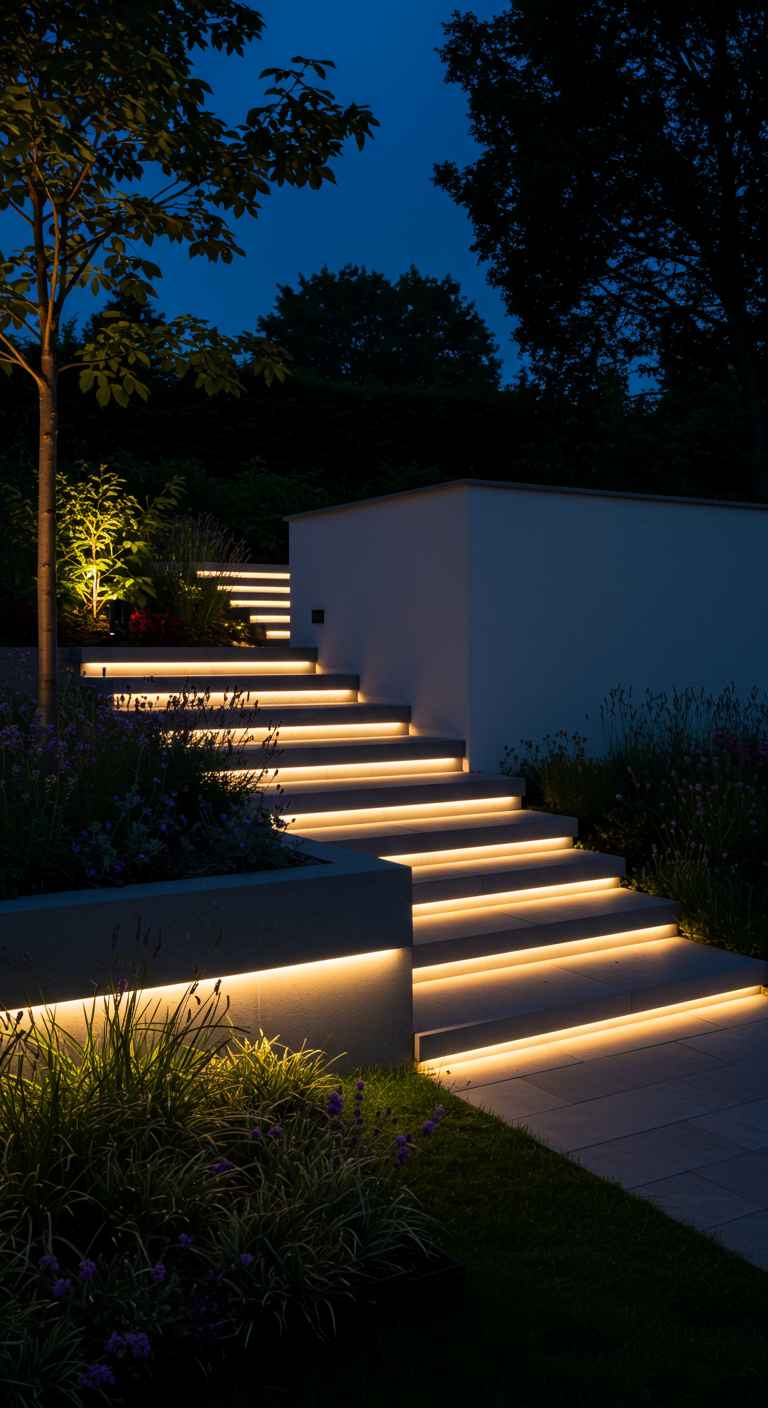 Modern beleuchtete Gartentreppe mit LED-Streifen bei Nacht