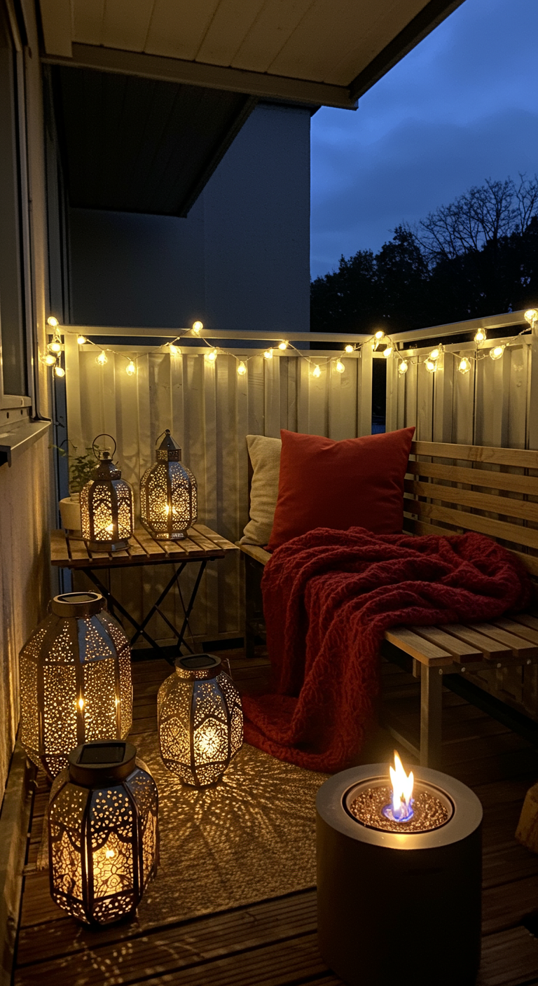 Gemütlicher Balkon bei Nacht mit Holzbank, vielen orientalischen Laternen und Tischfeuer.