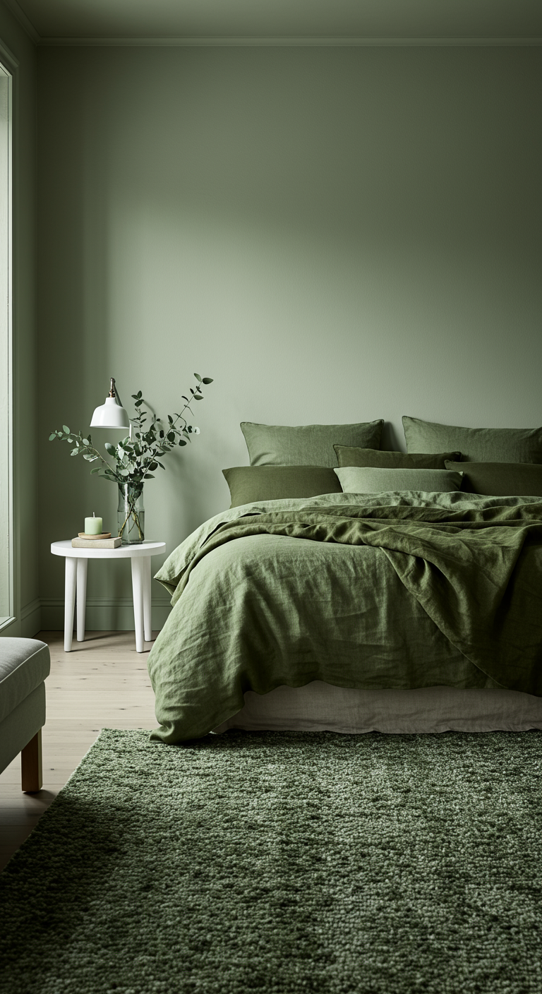 Monochromes Schlafzimmer in verschiedenen Grüntönen.