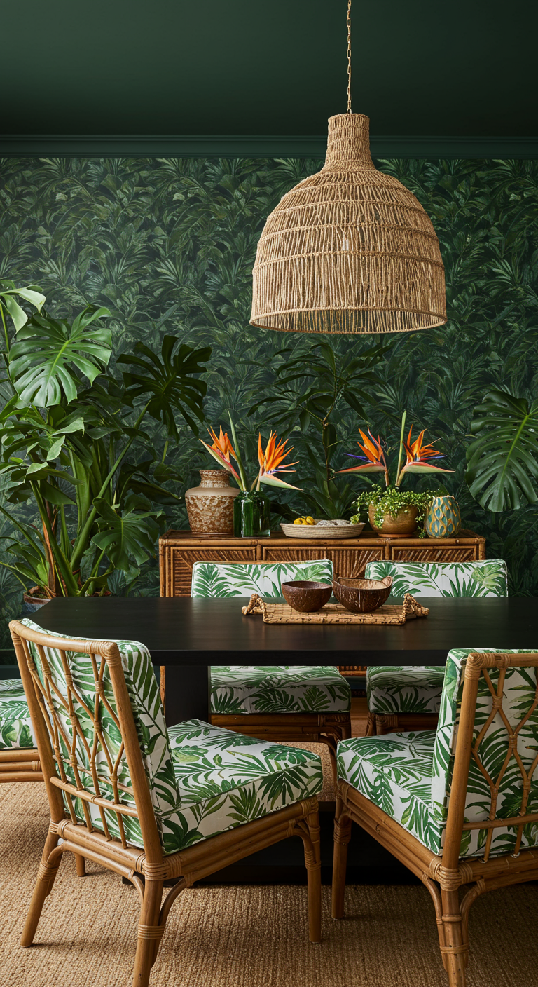 Esszimmer im Urban Jungle Stil mit Blättertapiete und Rattanmöbeln