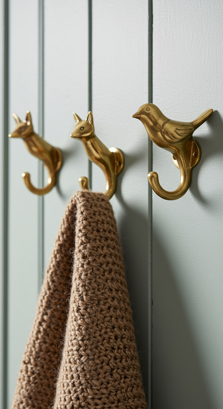 Nahaufnahme von goldenen Wandhaken in Tierform an einer hellgrünen Wand.