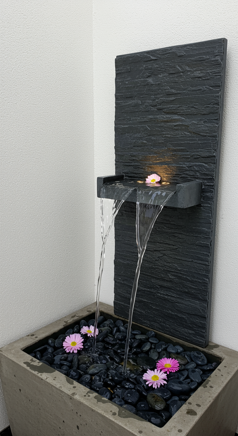 Modernes Wasserspiel aus dunklem Schiefer mit Wasserfall in ein Kiesbecken.