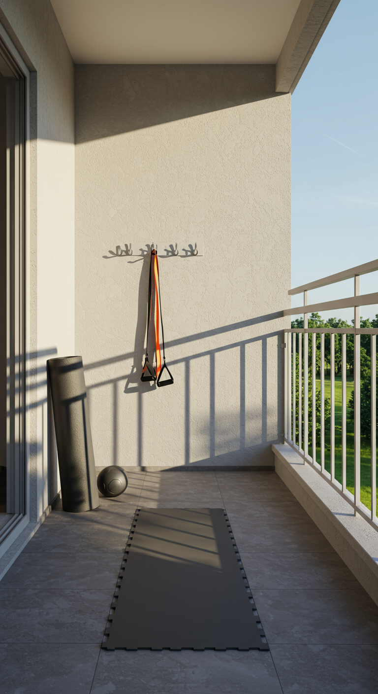Leerer Balkon mit ausgerollter Yogamatte, Gymnastikball und Fitnessbändern an Wandhaken.