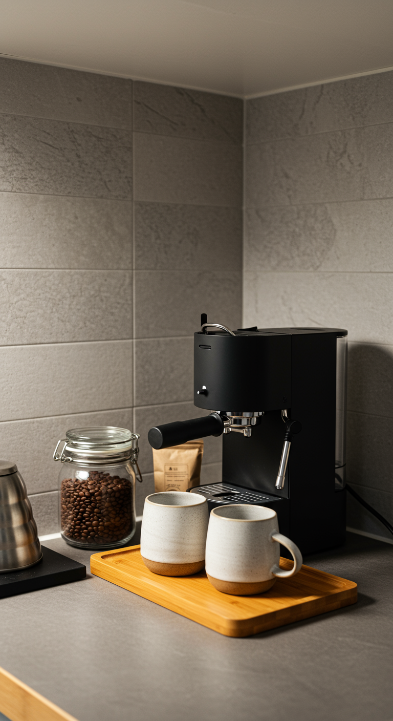 Kleine Kaffee-Ecke mit schwarzer Kaffeemaschine, Glas mit Bohnen und zwei Tassen auf einem Holzbrett.