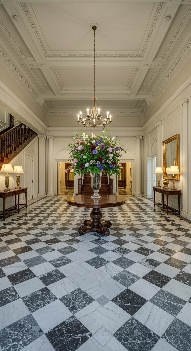 Großes, repräsentatives Foyer mit Schachbrettboden, rundem Tisch und Kronleuchter.