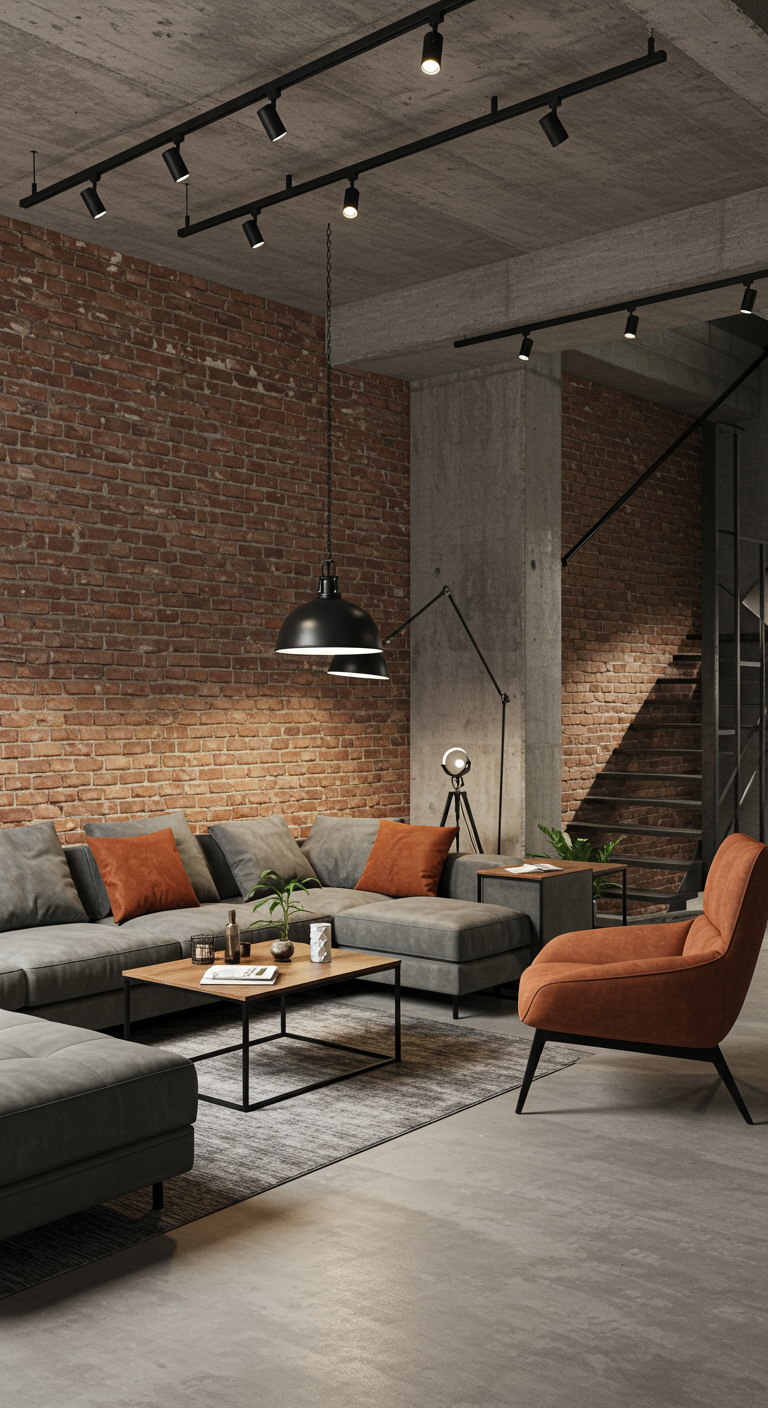 Industrielles Wohnzimmer mit Backstein